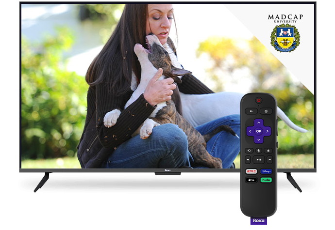 A TV showing a Madcap University video, with a Roku remote in front